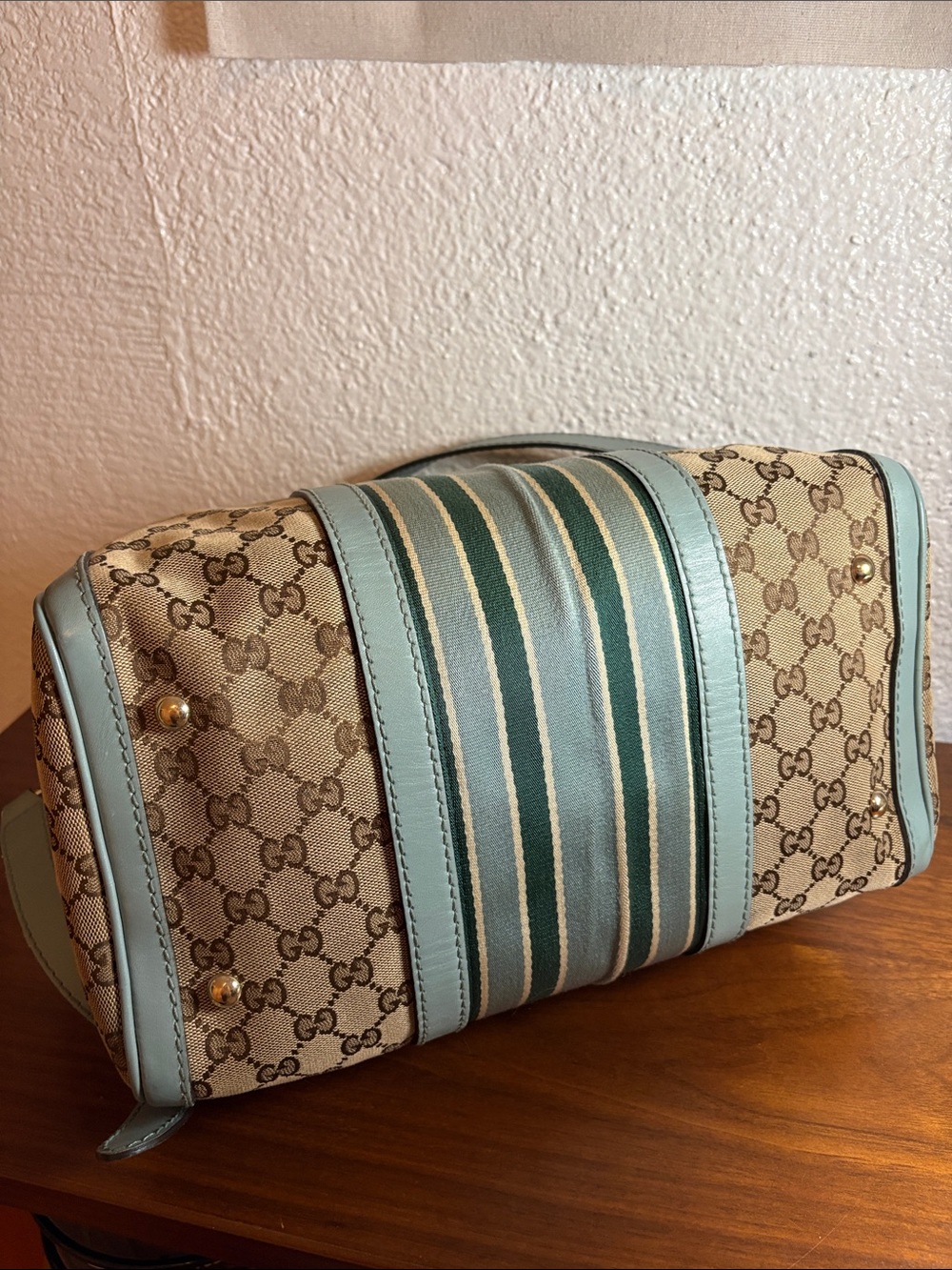 Gucci GG Canvas Boston Bag with Blue Green Stripes - Authentic Vintage COA - Picture 8 of 16